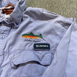 Simms Fishing Angler Shirt Long Sleeve Button Up Blue Large Cotton Idaho